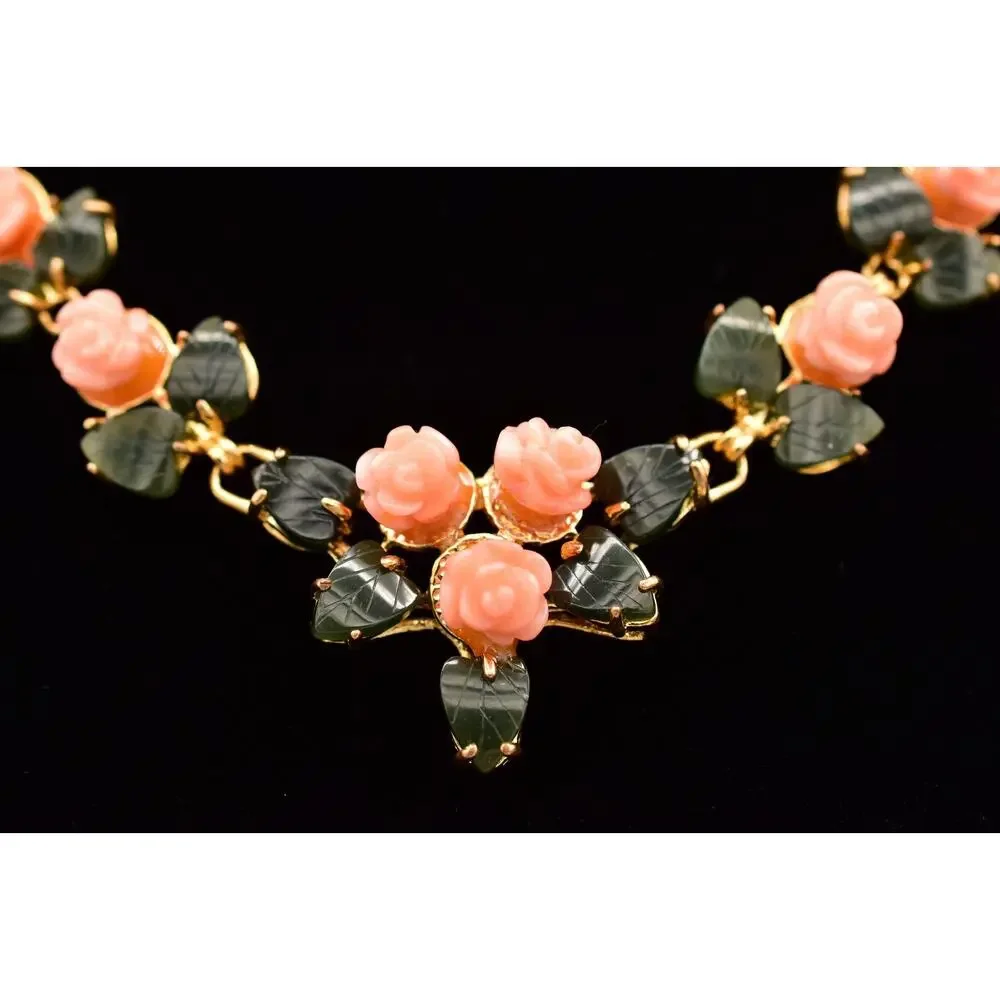 Vintage Carved Rose Leaf Collar Necklace Pink Floral Statement Gold Tone BinBE
